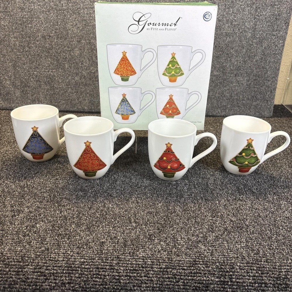Fitz Floyd~Essentials Merry Christmas Trees Mugs~IOB